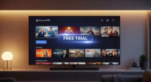 A smart TV displaying a vibrant IPTV Free Trial interface with a highlighted “Free Trial” badge in a modern living room setting.