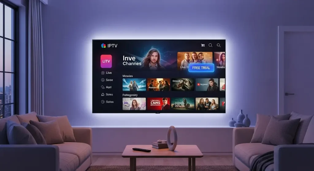 A modern smart TV displaying a colorful IPTV interface with a highlighted “Free Trial” badge in a sleek living room.