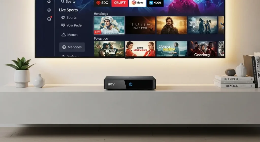 A modern IPTV box connected to a smart TV showing a vibrant streaming interface.