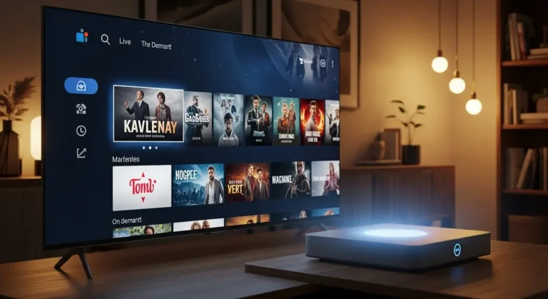 A sleek IPTV box in front of a smart TV displaying live channels, movies, and on-demand content in a modern living room.