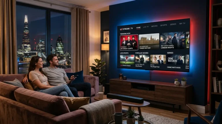 Modern smart TV displaying a clean SS IPTV streaming interface in a futuristic living room